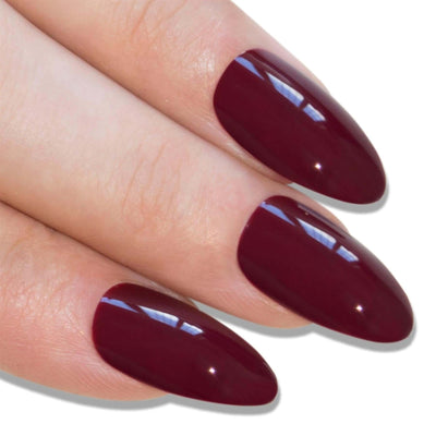 Cherry brown-red almond stiletto long press-on false nails by Bling Art — warm autumnal twist for seasonal events and everyday wear · high-shine finish · long almond stiletto tips · 24 nails per set with adhesive · designed in Yorkshire