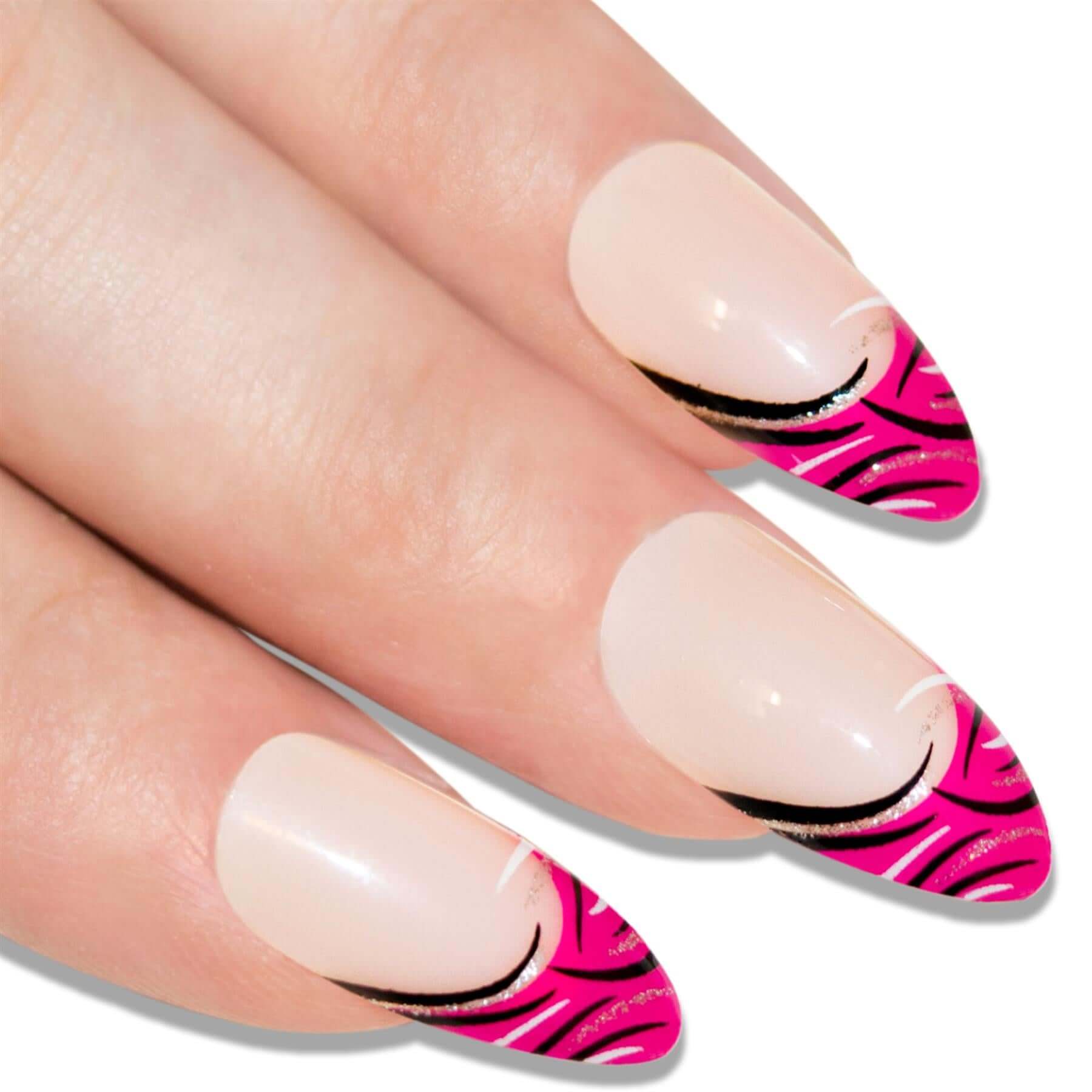 Bright pink glitter almond stiletto long press-on false nails by Bling Art — vibrant feminine sparkle for summer, date nights, and party wear · embedded fine pink glitter · long almond stiletto tips · 24 nails per set with adhesive · designed in Yorkshire