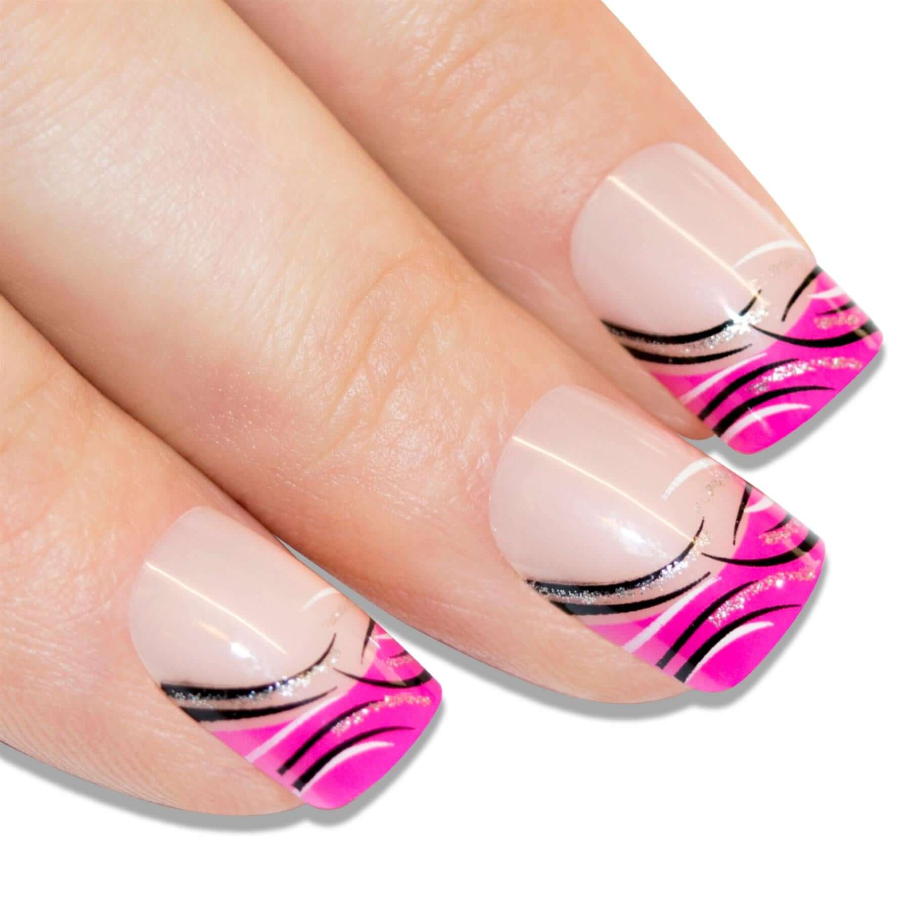 Pink glitter French manicure press-on false nails by Bling Art — feminine sparkle twist on the classic French look for summer, date nights, and party wear · embedded fine pink glitter with French tip · medium-length tips · 24 nails per set with adhesive · designed in Yorkshire