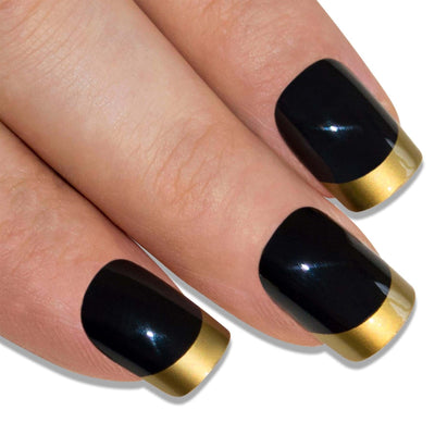 Gold and black 'dipped' French manicure press-on false nails by Bling Art — luxe metallic statement for parties, weddings, and Christmas events · high-shine gold-and-black dip-style French tip · medium-length tips · 24 nails per set with adhesive · designed in Yorkshire