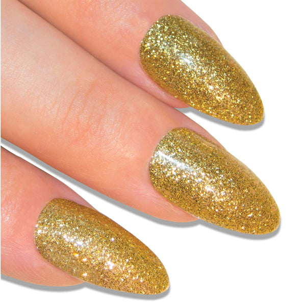 Warm champagne gold gel almond stiletto long press-on false nails by Bling Art — celebration glamour gloss for weddings, Christmas, and special occasions · glossy salon-grade gel coat · long almond stiletto tips · 24 nails per set with adhesive · designed in Yorkshire