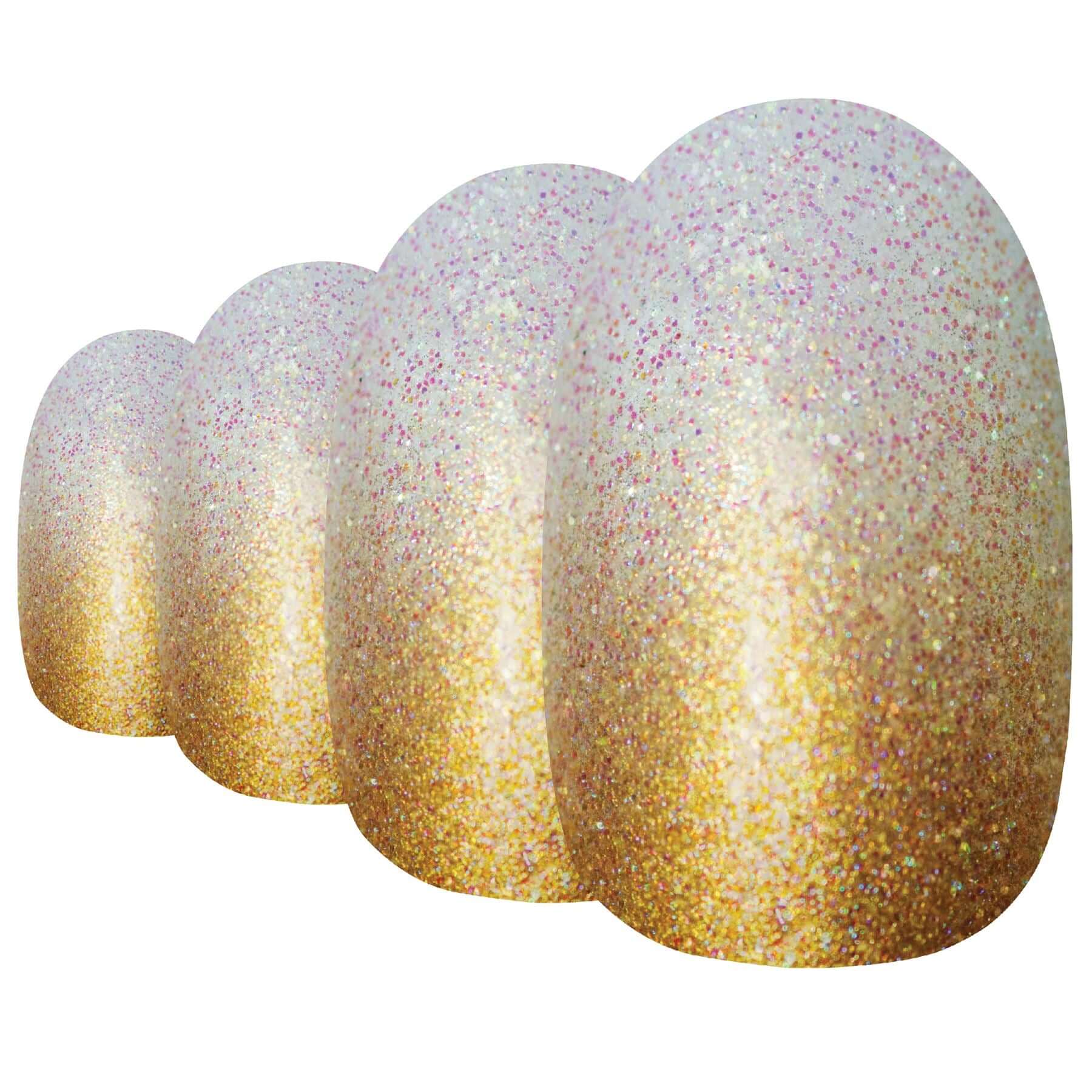 Warm champagne gold gel-ombre oval-shaped press-on false nails by Bling Art — celebration gradient for weddings, Christmas, and special occasions · smooth gold-to-clear ombre transition with glossy gel coat · medium-length oval tips · 24 nails per set with adhesive · designed in Yorkshire