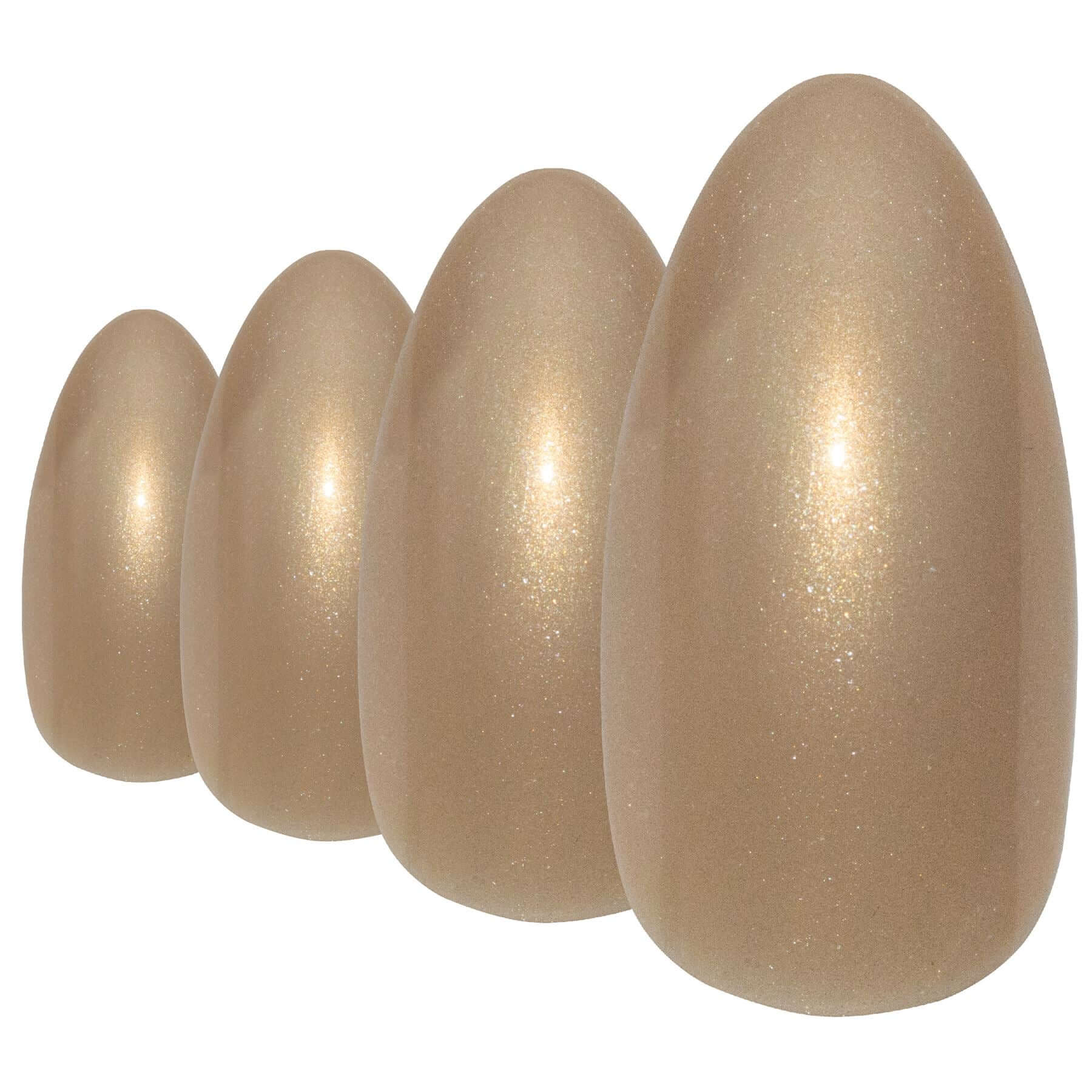 Warm champagne gold glitter almond stiletto long press-on false nails by Bling Art — celebration sparkle for weddings, Christmas, and statement events · embedded fine gold glitter · long almond stiletto tips · 24 nails per set with adhesive · designed in Yorkshire
