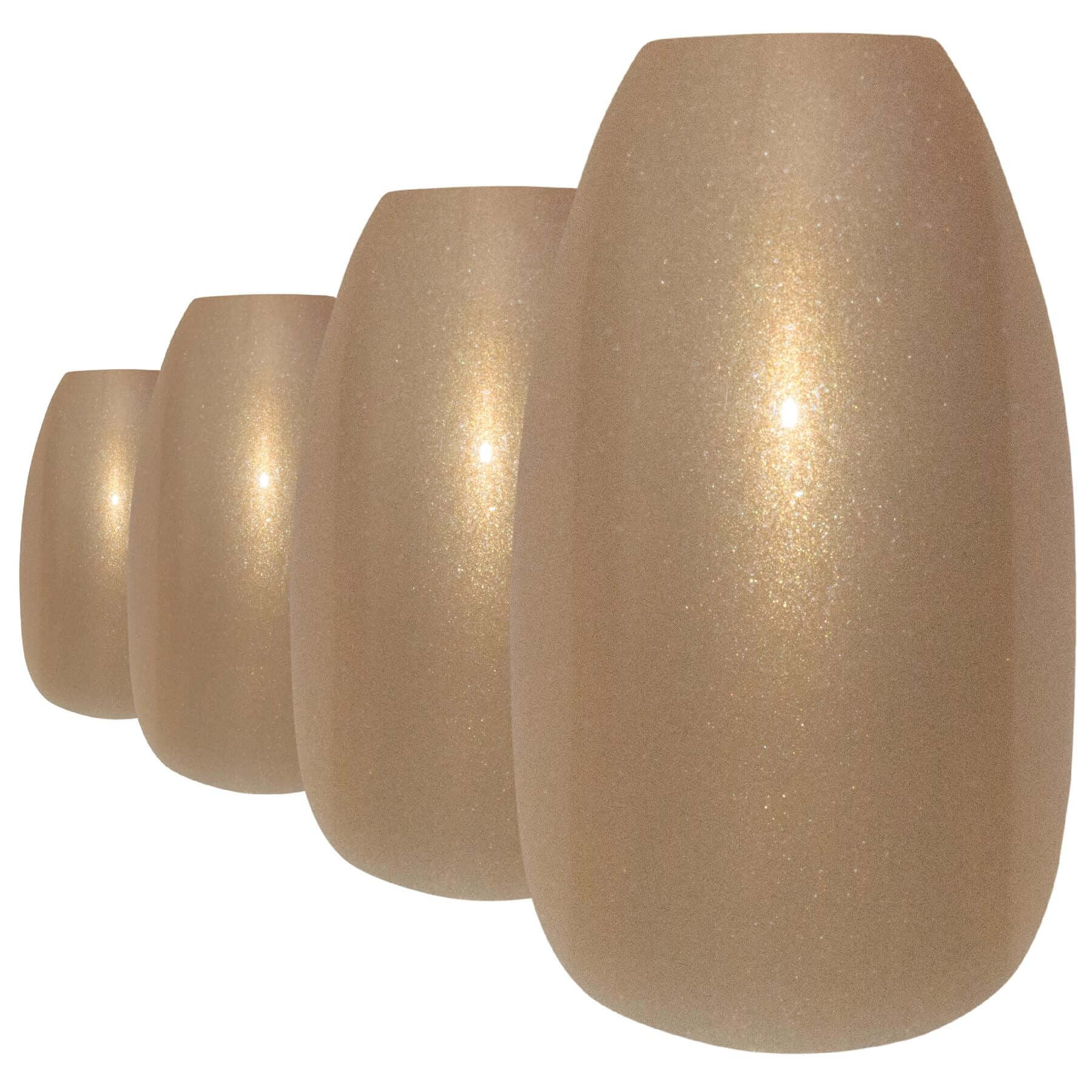 Warm champagne gold glitter ballerina coffin long press-on false nails by Bling Art — celebration sparkle for weddings, Christmas, and statement events · embedded fine gold glitter · long ballerina coffin tips · 24 nails per set with adhesive · designed in Yorkshire