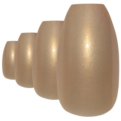 Warm champagne gold glitter ballerina coffin long press-on false nails by Bling Art — celebration sparkle for weddings, Christmas, and statement events · embedded fine gold glitter · long ballerina coffin tips · 24 nails per set with adhesive · designed in Yorkshire