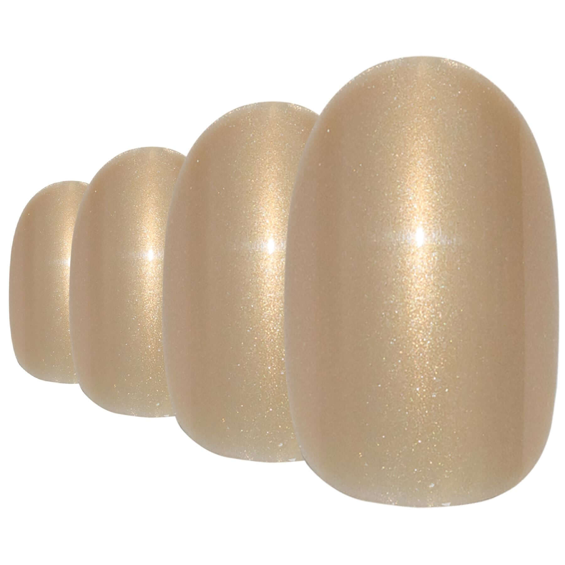 Warm champagne gold glitter-finish oval-shaped press-on false nails by Bling Art — celebration-ready sparkle for weddings, Christmas, and special occasions · embedded fine glitter sparkle · medium-length oval tips · 24 nails per set with adhesive · designed in Yorkshire