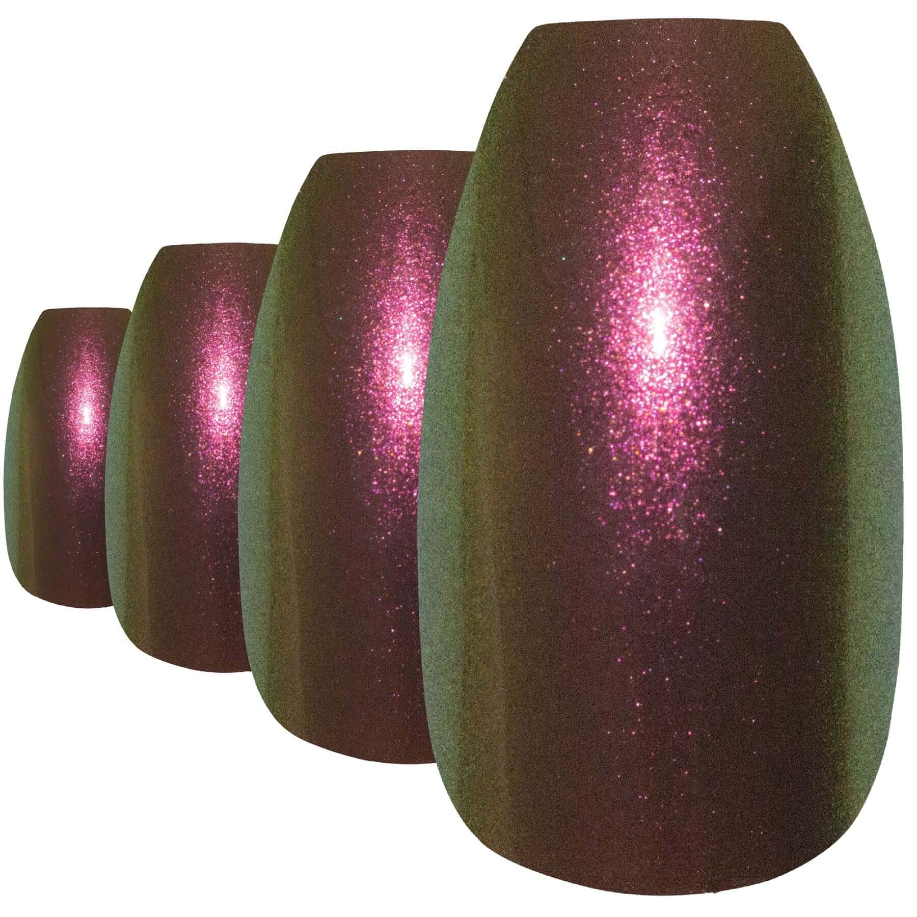 Colour-shifting gold-green chameleon ballerina coffin long press-on false nails by Bling Art — bold trend-led statement for festivals, parties, and editorial looks · colour-shifting chameleon effect · long ballerina coffin tips · 24 nails per set with adhesive · designed in Yorkshire