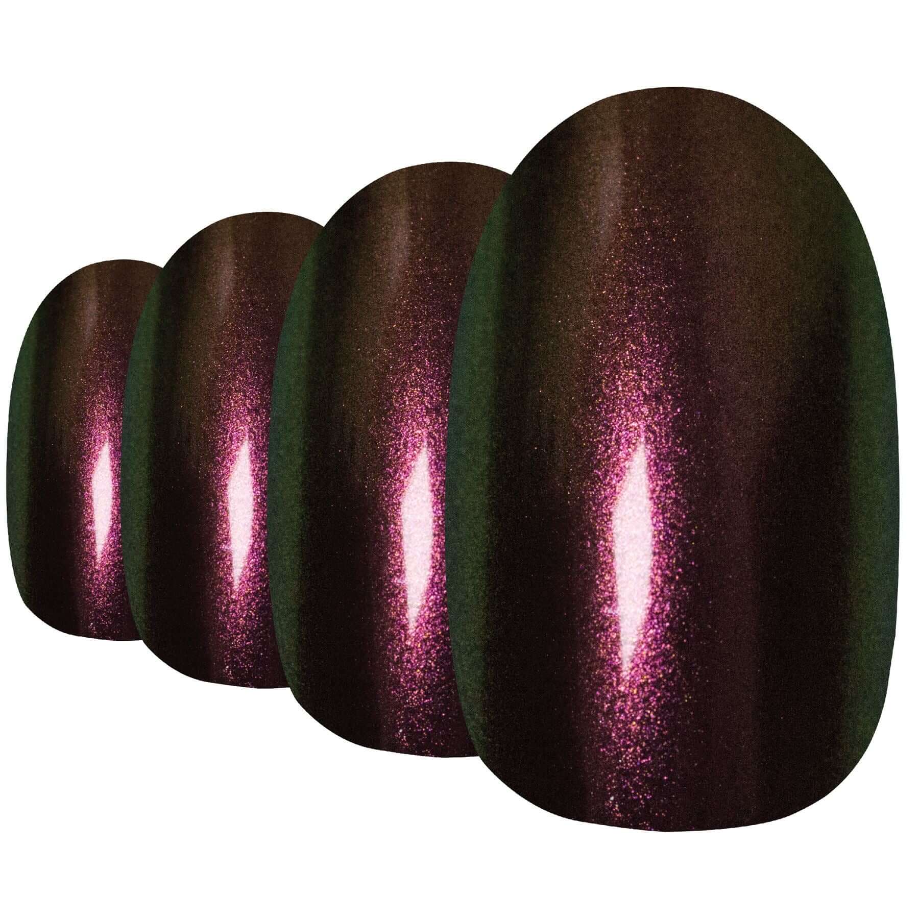 Colour-shifting gold-green chameleon oval-shaped press-on false nails by Bling Art — bold trend-led statement for festivals, parties, and editorial looks · colour-shifting chameleon effect · medium-length oval tips · 24 nails per set with adhesive · designed in Yorkshire