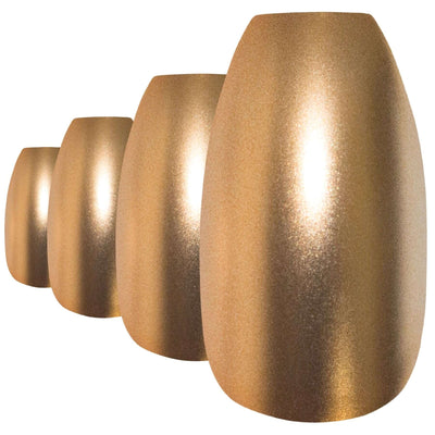 Warm champagne gold matte-metallic ballerina coffin press-on false nails by Bling Art — celebration glamour for weddings, Christmas, and special occasions · chrome-finish metallic with velvet matte texture · long ballerina coffin tips · 24 nails per set with adhesive · designed in Yorkshire
