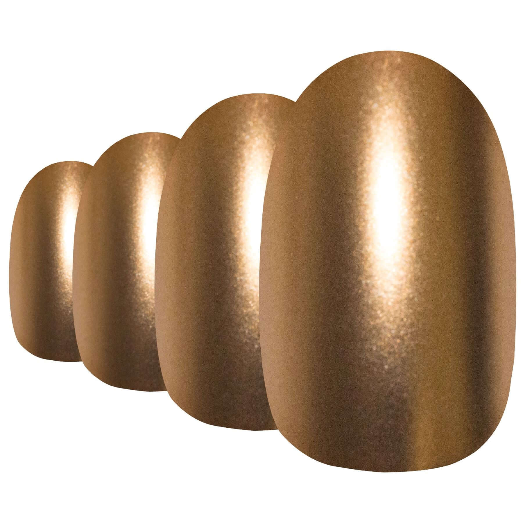 Warm champagne gold matte-metallic oval-shaped press-on false nails by Bling Art — celebration glamour for weddings, Christmas, and special occasions · chrome-finish metallic with velvet matte texture · medium-length oval tips · 24 nails per set with adhesive · designed in Yorkshire