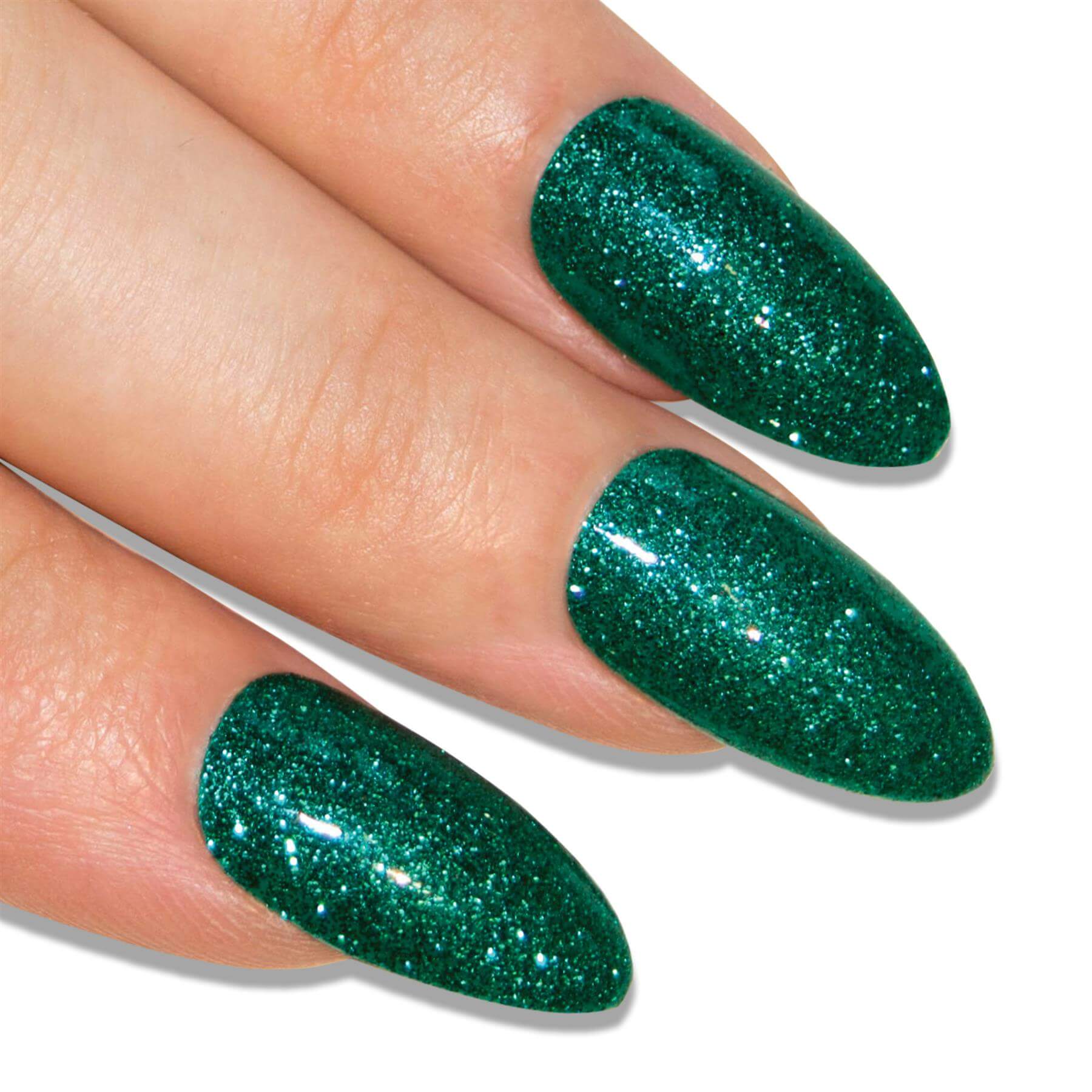 Fresh emerald green gel almond stiletto long press-on false nails by Bling Art — bold botanical statement for festivals, parties, and trend-led styling · glossy salon-grade gel coat · long almond stiletto tips · 24 nails per set with adhesive · designed in Yorkshire