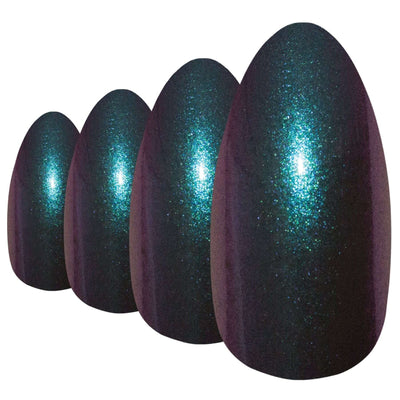 Colour-shifting green-purple chameleon almond stiletto long press-on false nails by Bling Art — bold trend-led statement for festivals, parties, and editorial looks · colour-shifting chameleon effect · long almond stiletto tips · 24 nails per set with adhesive · designed in Yorkshire