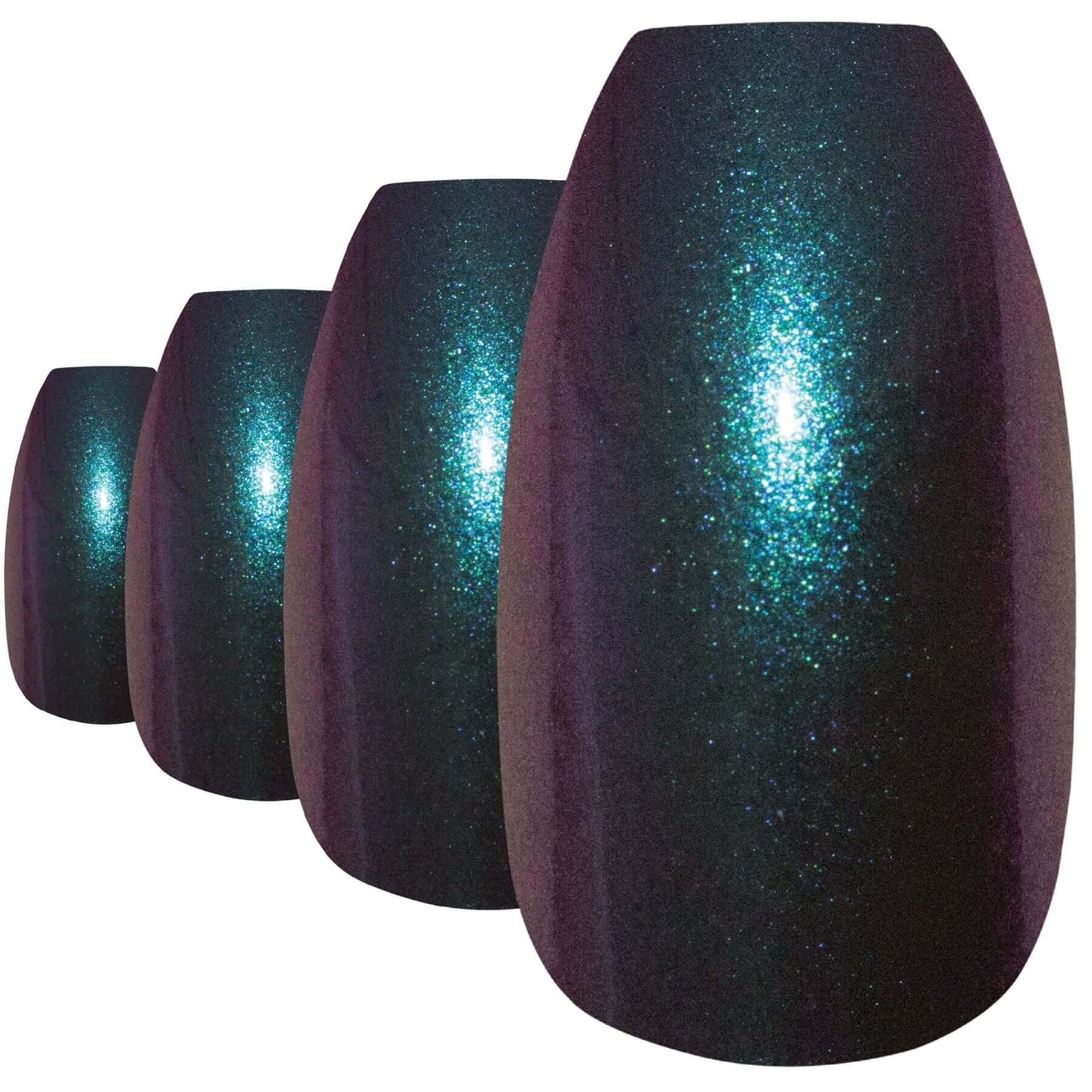 Colour-shifting green-purple chameleon ballerina coffin long press-on false nails by Bling Art — bold trend-led statement for festivals, parties, and editorial looks · colour-shifting chameleon effect · long ballerina coffin tips · 24 nails per set with adhesive · designed in Yorkshire