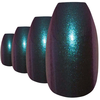 Green Purple chameleon ballerina coffin Bling Art press-on nails — worn-hand close-up showing the colour-shifting green-to-purple effect on long ballerina coffin tips. Ballerina = Coffin (same shape).