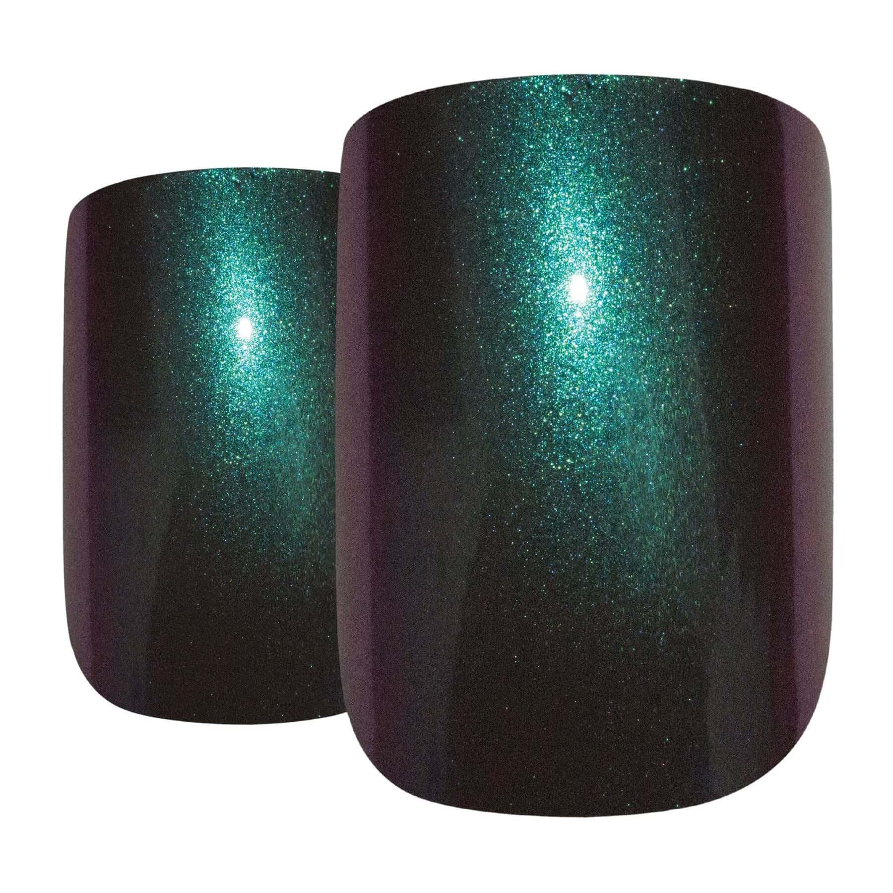 Colour-shifting green-purple chameleon French squoval press-on false nails by Bling Art — bold trend-led statement for festivals, parties, and editorial looks · colour-shifting chameleon effect with French tip · medium-length squoval tips · 24 nails per set with adhesive · designed in Yorkshire
