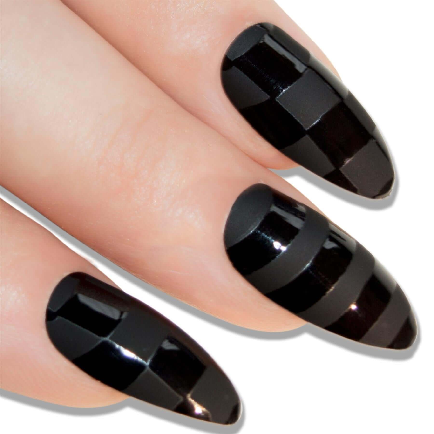 Bold matte black almond stiletto long press-on false nails by Bling Art — fierce statement for evening wear, editorial events, and trend-led looks · smooth velvet matte texture · long almond stiletto tips · 24 nails per set with adhesive · designed in Yorkshire