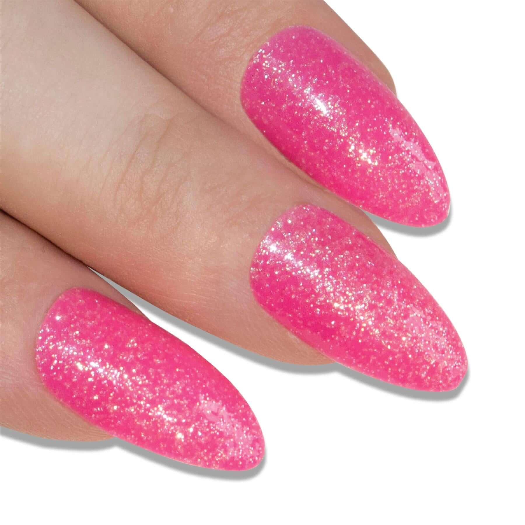 Pink fuchsia gel almond stiletto long press-on false nails by Bling Art — vibrant feminine gloss for summer, date nights, and party wear · glossy salon-grade gel coat · long almond stiletto tips · 24 nails per set with adhesive · designed in Yorkshire