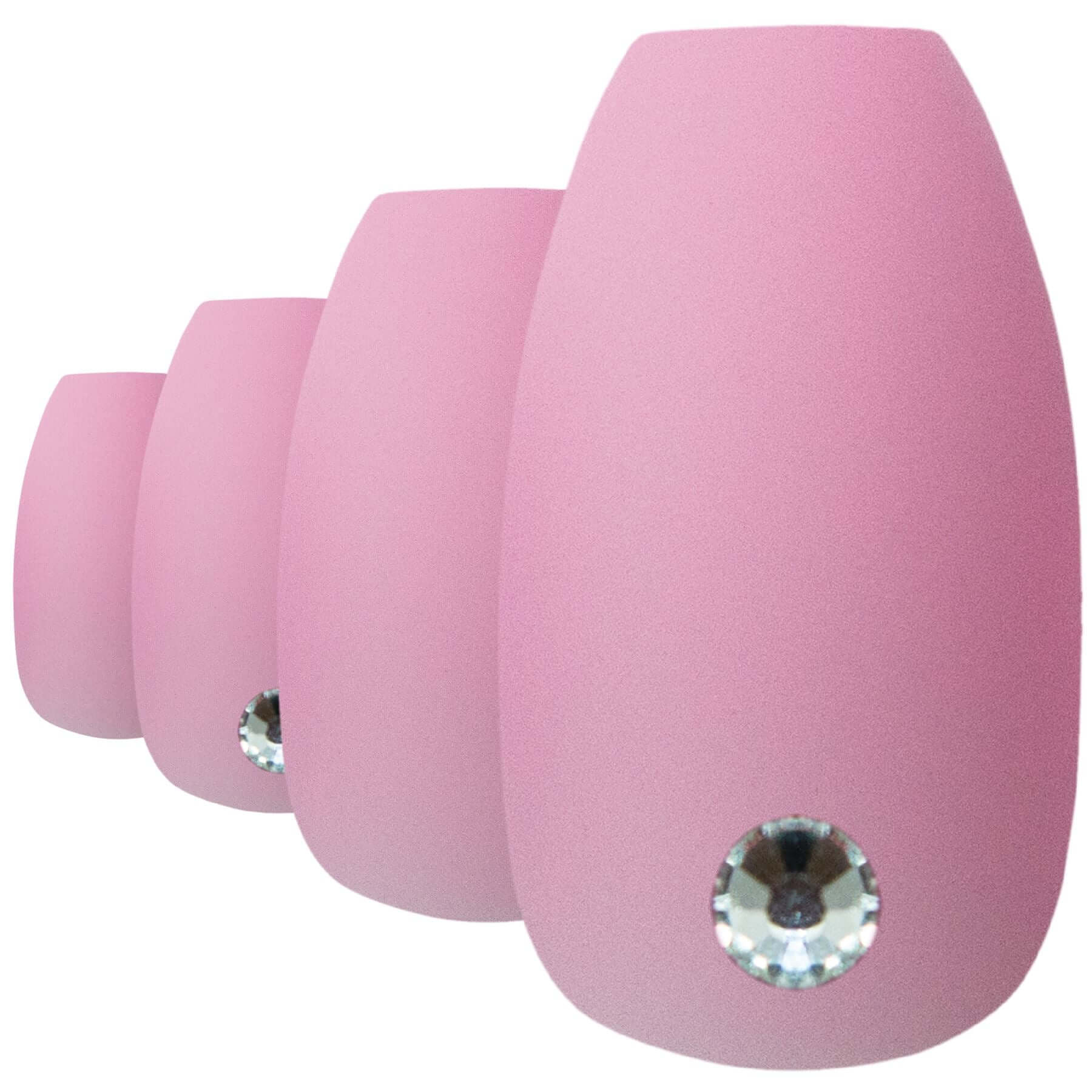 Soft blush pink matte ballerina coffin long press-on false nails by Bling Art — feminine statement for summer events, date nights, and party wear · smooth velvet matte texture · long ballerina coffin tips · 24 nails per set with adhesive · designed in Yorkshire