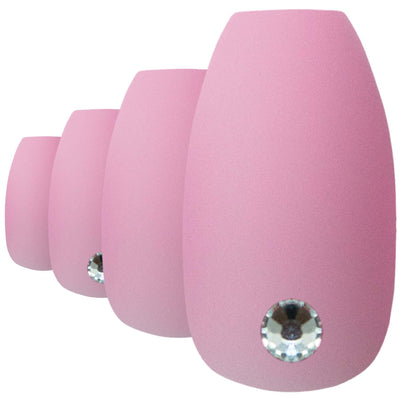 Soft blush pink matte ballerina coffin long press-on false nails by Bling Art — feminine statement for summer events, date nights, and party wear · smooth velvet matte texture · long ballerina coffin tips · 24 nails per set with adhesive · designed in Yorkshire