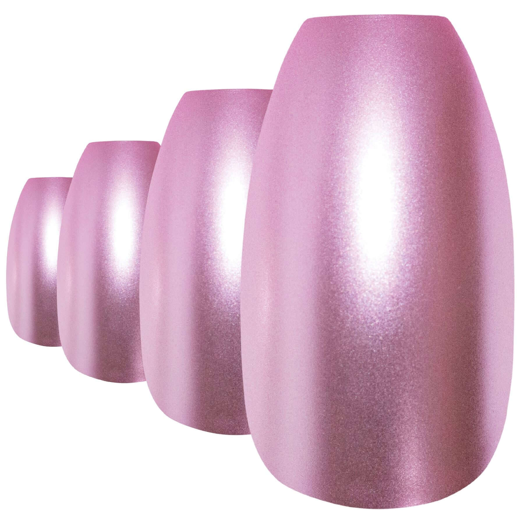 Soft blush pink matte-metallic ballerina coffin press-on false nails by Bling Art — feminine metallic statement for summer events, date nights, and party wear · chrome-finish metallic with velvet matte texture · long ballerina coffin tips · 24 nails per set with adhesive · designed in Yorkshire