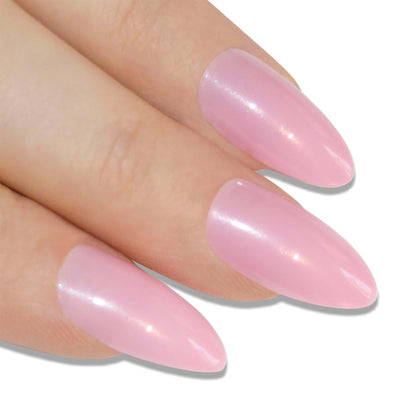 Soft blush pink high-polish almond stiletto long press-on false nails by Bling Art — feminine bold-length statement for summer events, date nights, and party wear · high-shine polished finish · long almond stiletto tips · 24 nails per set with adhesive · designed in Yorkshire