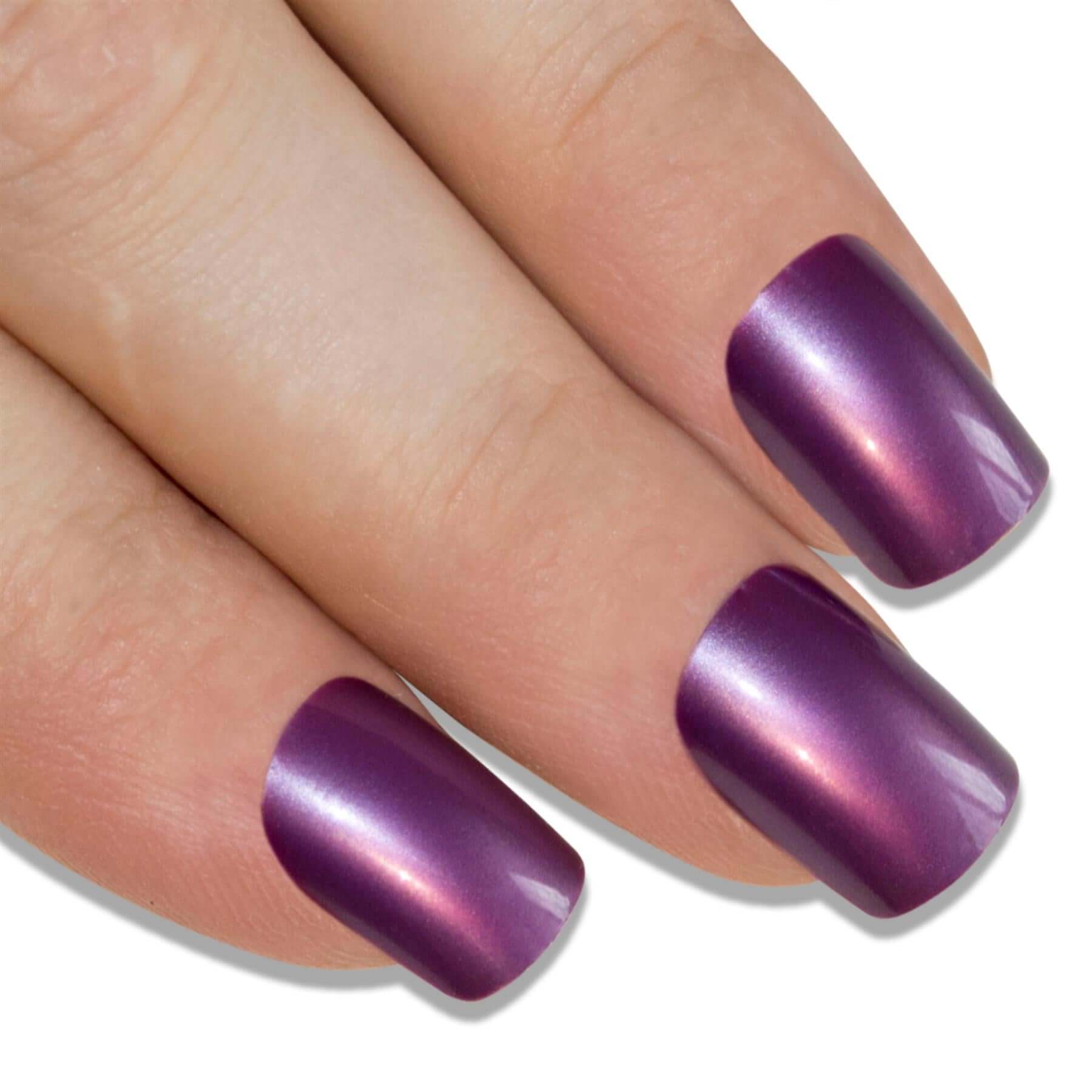 Rich aubergine purple French manicure press-on false nails by Bling Art — jewel-tone twist on the classic French look for evening wear and special occasions · smooth acrylic finish with purple French tip · medium-length tips · 24 nails per set with adhesive · designed in Yorkshire