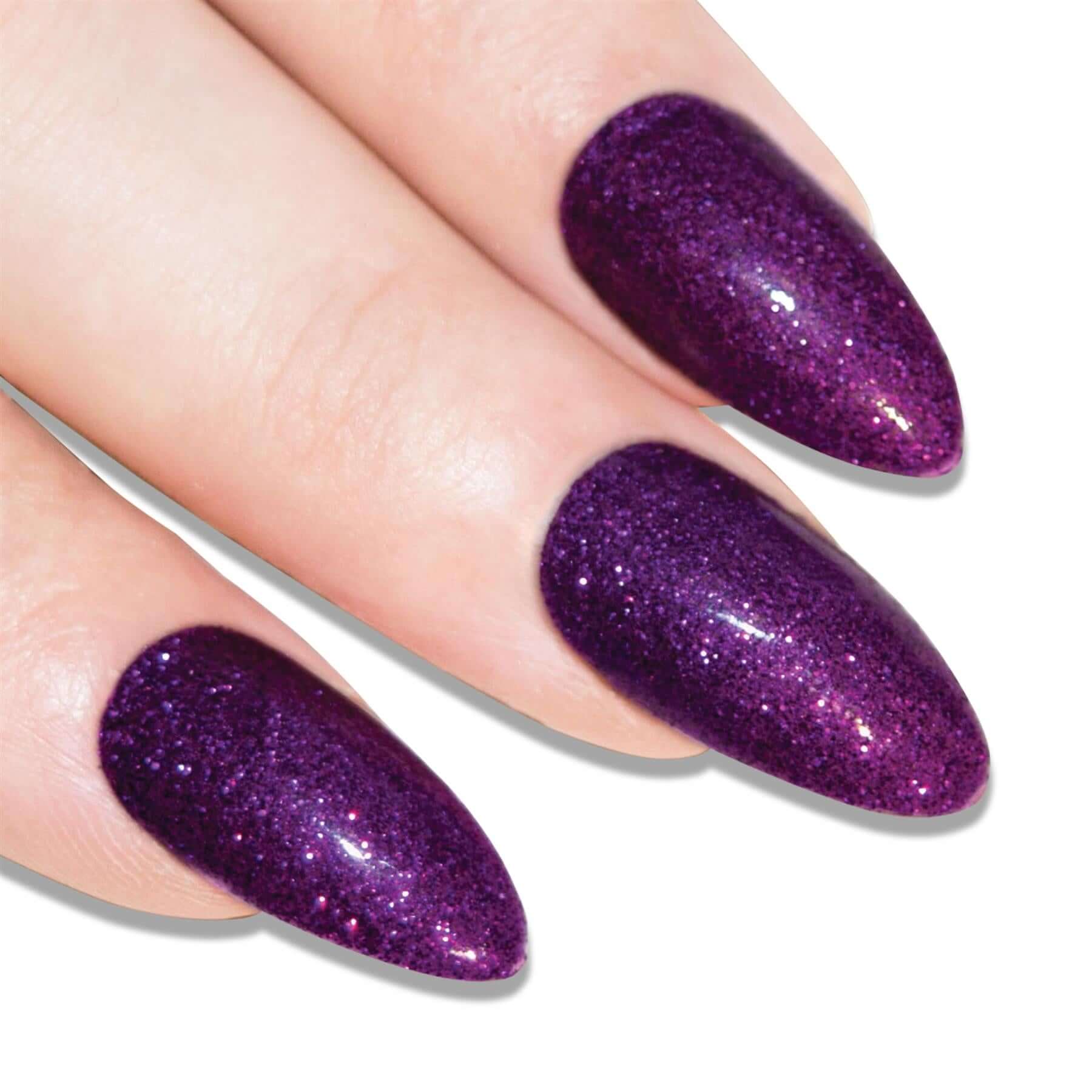 Rich aubergine purple gel almond stiletto long press-on false nails by Bling Art — jewel-tone glossy bold-length statement for evening wear and special occasions · glossy salon-grade gel coat · long almond stiletto tips · 24 nails per set with adhesive · designed in Yorkshire