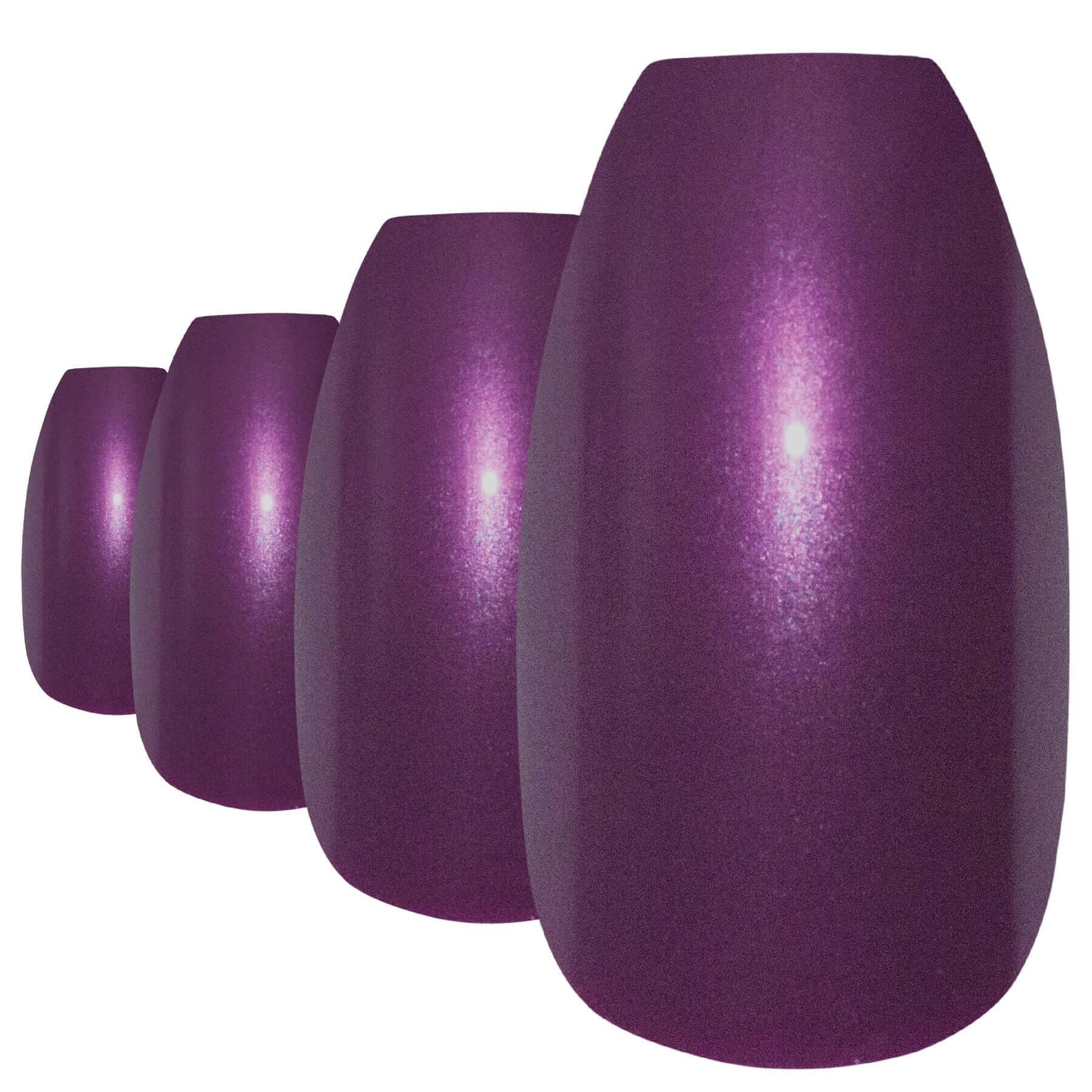 Aubergine purple glitter ballerina coffin long press-on false nails by Bling Art — jewel-tone sparkle for evening events and statement occasions · embedded fine purple glitter · long ballerina coffin tips · 24 nails per set with adhesive · designed in Yorkshire