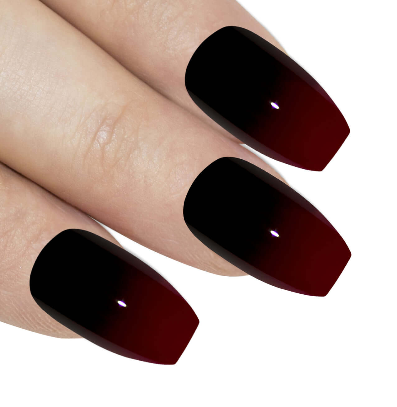 Two-tone crimson red and jet black ballerina coffin long press-on false nails by Bling Art — bold rock-romantic statement for parties, date nights, and editorial events · smooth lacquered finish · long ballerina coffin tips · 24 nails per set with adhesive · designed in Yorkshire