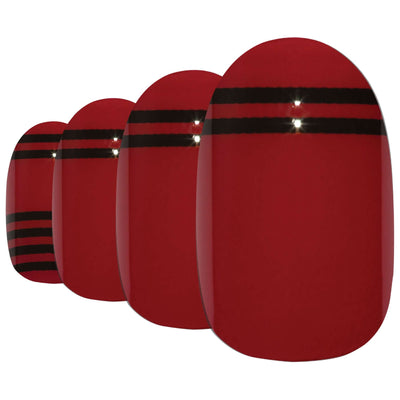 Two-tone crimson red and jet black glossy oval-shaped press-on false nails by Bling Art — bold rock-romantic statement for parties and date nights · high-shine glossy finish · medium-length oval tips · 24 nails per set with adhesive · designed in Yorkshire