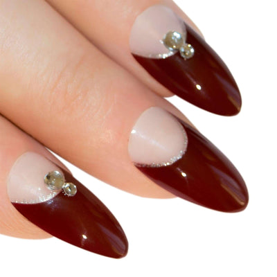 Warm chestnut red-brown almond stiletto long press-on false nails by Bling Art — autumnal bold-length elegance for seasonal events and everyday wear · high-shine finish · long almond stiletto tips · 24 nails per set with adhesive · designed in Yorkshire