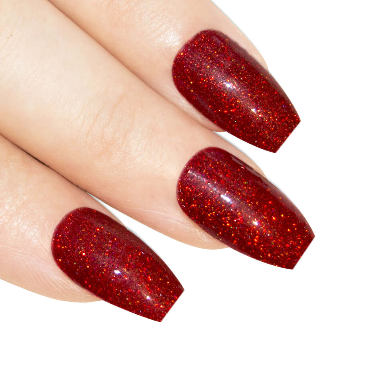 Deep crimson red gel ballerina coffin long press-on false nails by Bling Art — bold romantic statement for date nights, parties, and Valentine's Day · glossy salon-grade gel coat · long ballerina coffin tips · 24 nails per set with adhesive · designed in Yorkshire