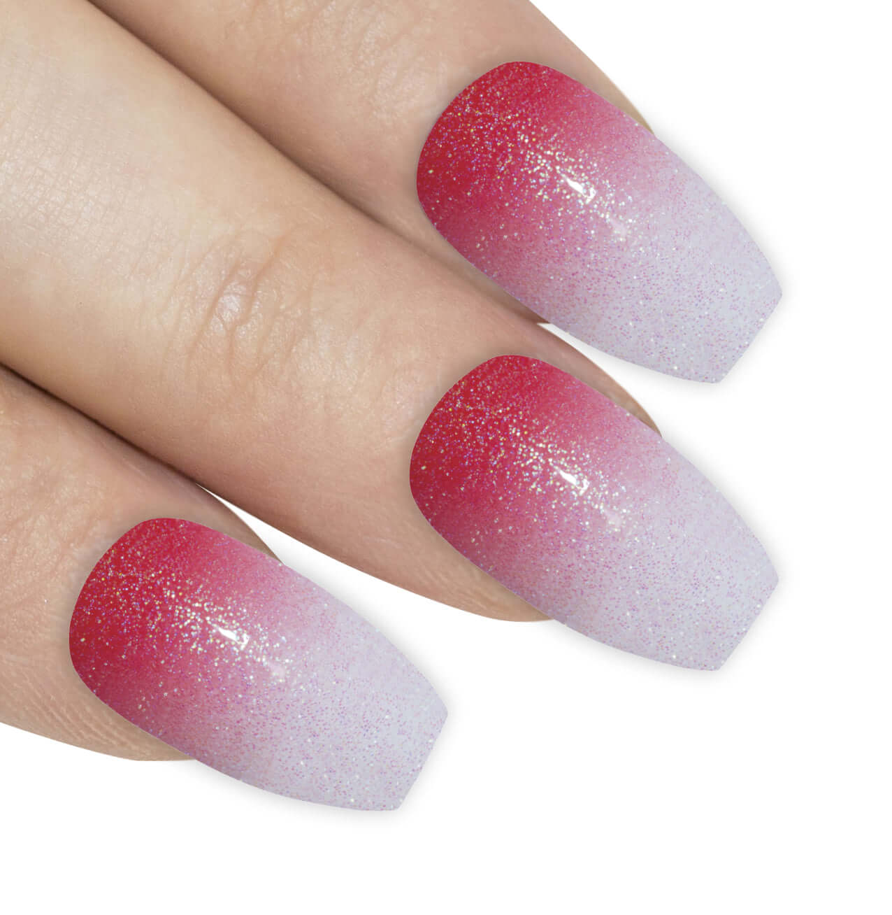 Gradient red gel-ombre ballerina coffin long press-on false nails by Bling Art — bold romantic gradient for date nights, parties, and Valentine's Day · smooth red-to-light gradient ombre with glossy gel coat · long ballerina coffin tips · 24 nails per set with adhesive · designed in Yorkshire