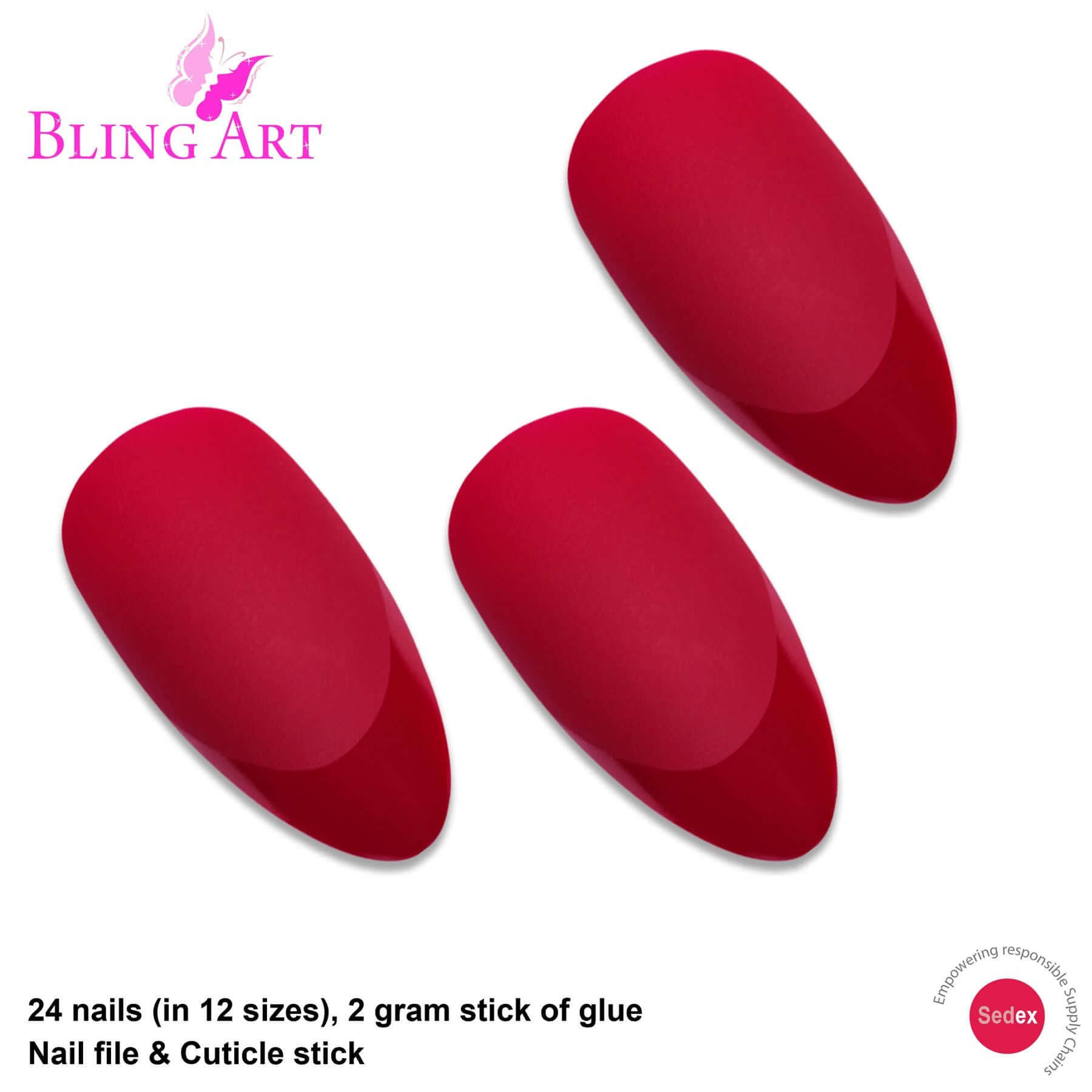 Bold crimson red matte almond stiletto long press-on false nails by Bling Art — fierce statement for date nights, parties, and editorial events · smooth velvet matte texture · long almond stiletto tips · 24 nails per set with adhesive · designed in Yorkshire