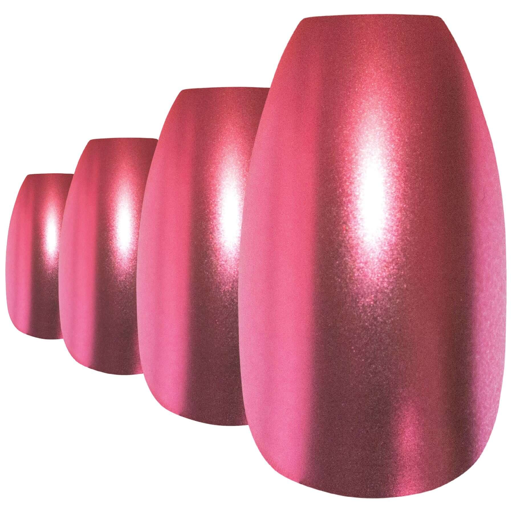 Bold crimson red matte-metallic ballerina coffin press-on false nails by Bling Art — bold metallic statement for date nights, parties, and Valentine's Day · chrome-finish metallic with velvet matte texture · long ballerina coffin tips · 24 nails per set with adhesive · designed in Yorkshire