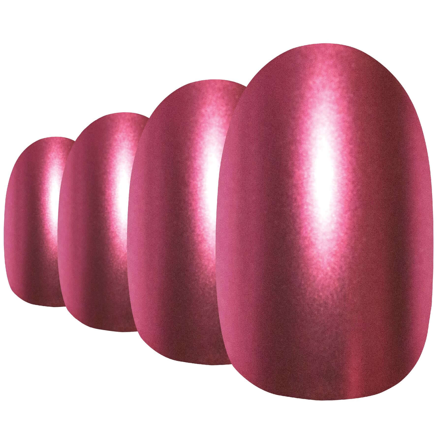 Bold crimson red matte-metallic oval-shaped press-on false nails by Bling Art — statement edge for evening wear and editorial events · chrome-finish metallic with velvet matte texture · medium-length oval tips · 24 nails per set with adhesive · designed in Yorkshire