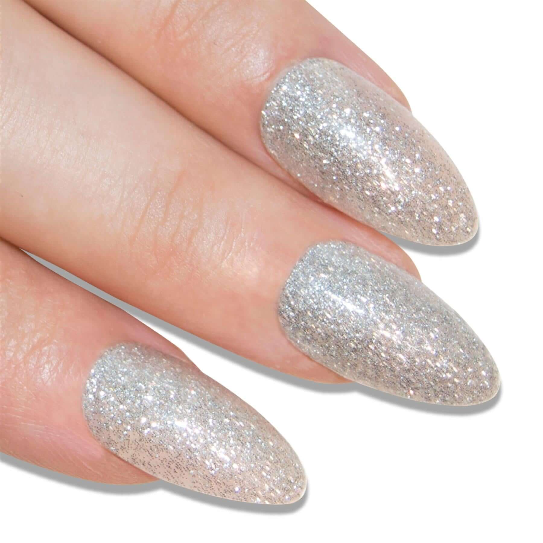 Cool chrome silver gel almond stiletto long press-on false nails by Bling Art — sleek metallic gloss for parties, Christmas, and editorial events · glossy salon-grade gel coat · long almond stiletto tips · 24 nails per set with adhesive · designed in Yorkshire