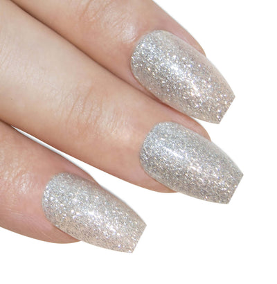 Cool chrome silver gel ballerina coffin long press-on false nails by Bling Art — sleek metallic glamour for parties, Christmas, and editorial looks · glossy salon-grade gel coat · long ballerina coffin tips · 24 nails per set with adhesive · designed in Yorkshire