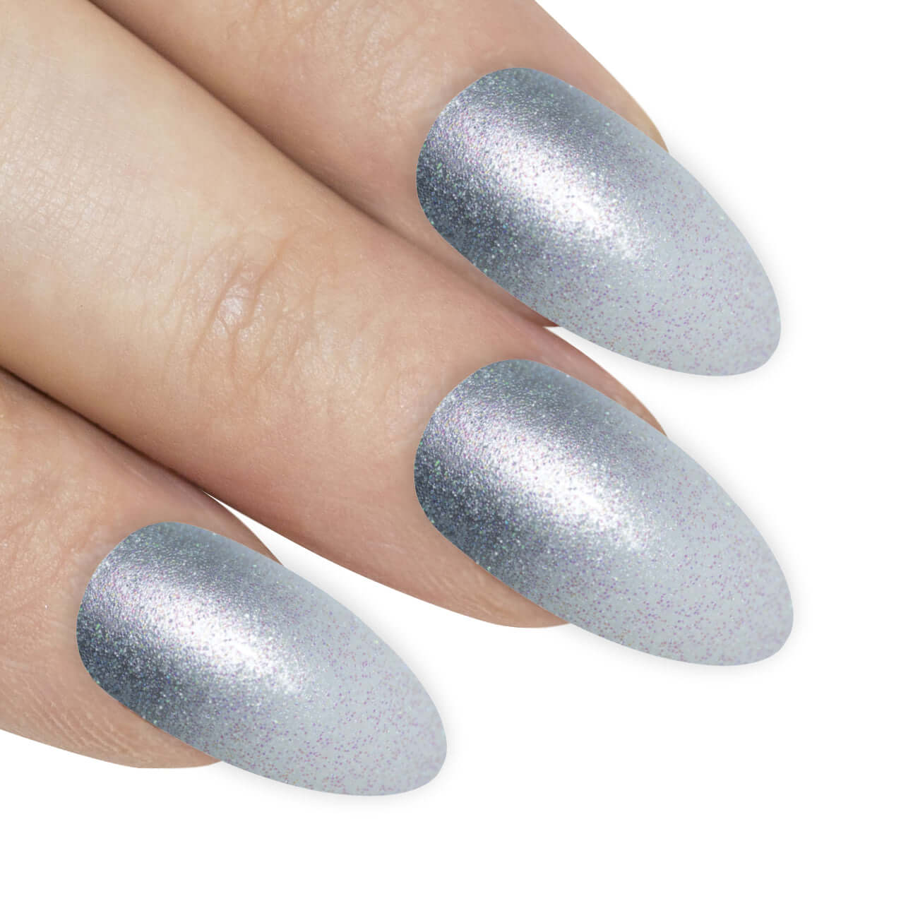Cool chrome silver gel-ombre almond stiletto long press-on false nails by Bling Art — sleek metallic gradient for parties, Christmas, and editorial looks · smooth silver-to-clear ombre transition with glossy gel coat · long almond stiletto tips · 24 nails per set with adhesive · designed in Yorkshire