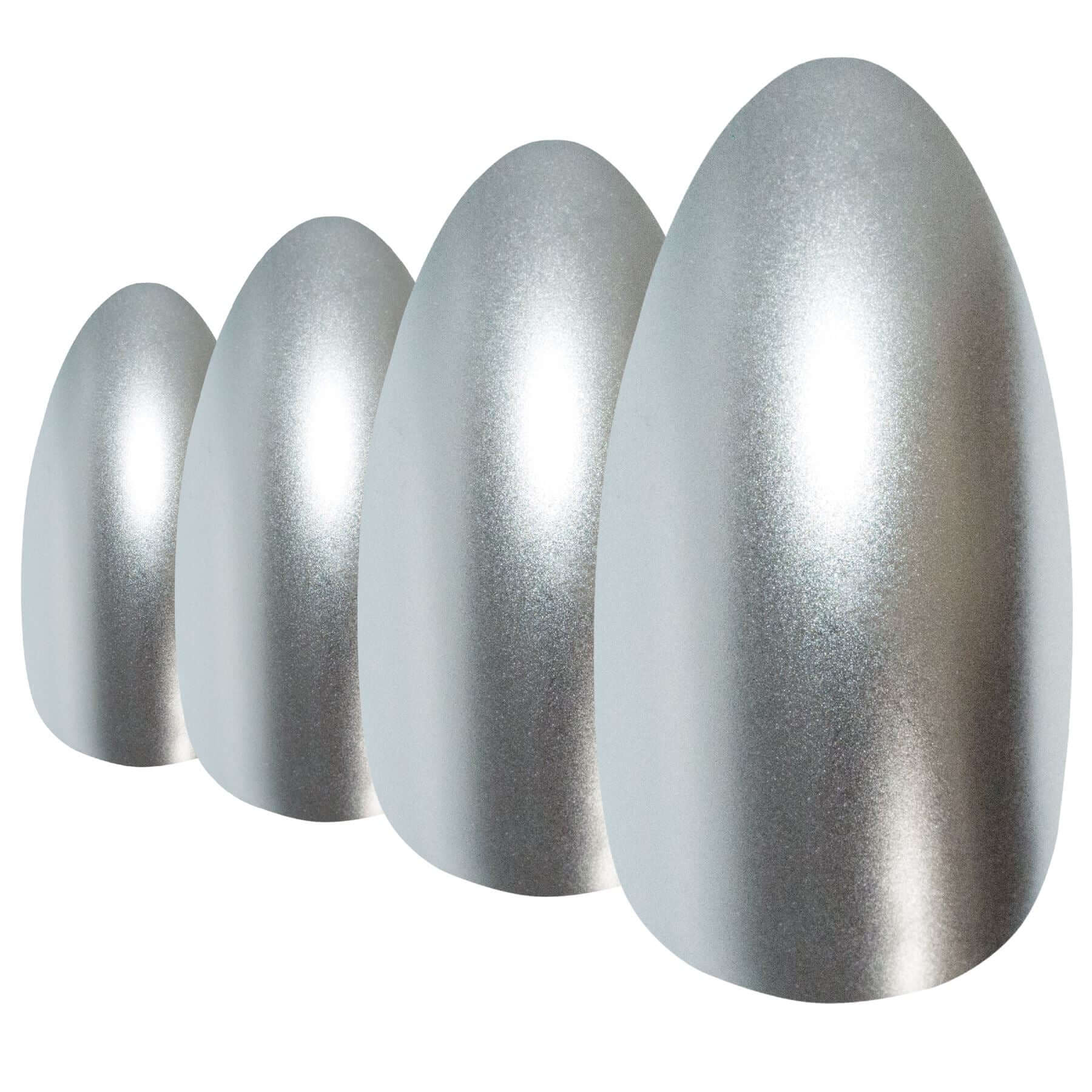 Cool chrome silver matte-metallic almond stiletto long press-on false nails by Bling Art — sleek metallic glamour for parties, Christmas, and editorial events · chrome-finish metallic with velvet matte texture · long almond stiletto tips · 24 nails per set with adhesive · designed in Yorkshire