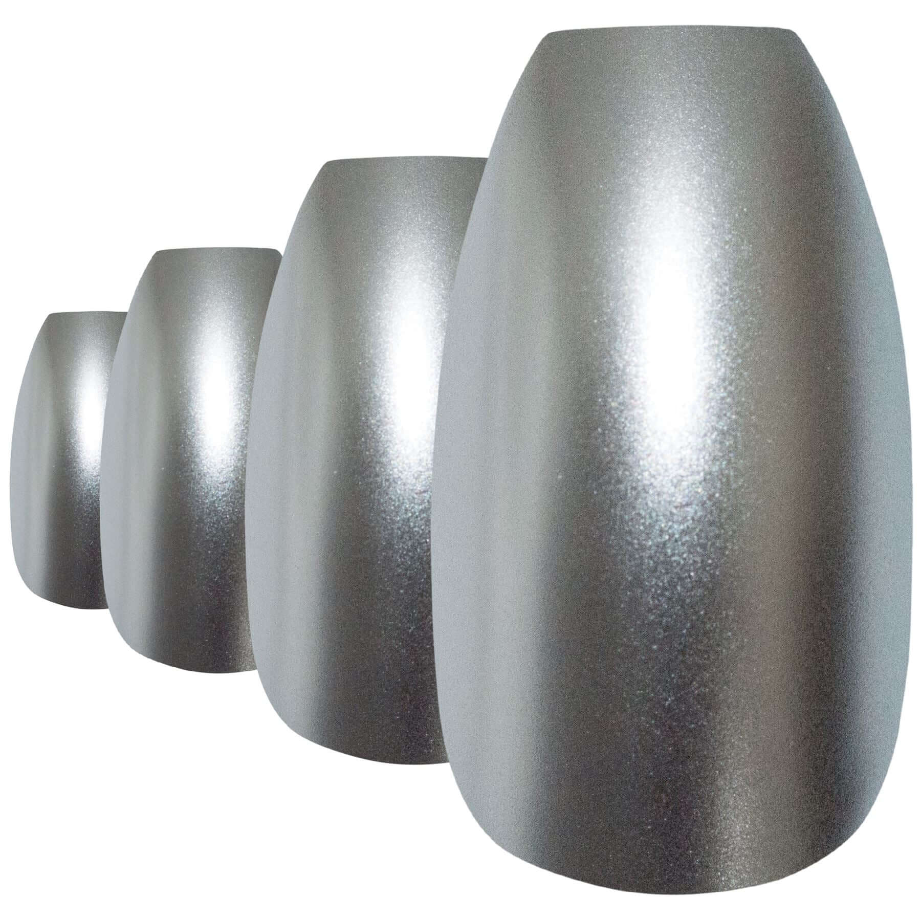 Cool chrome silver matte-metallic ballerina coffin press-on false nails by Bling Art — sleek metallic glamour for parties, Christmas, and editorial events · chrome-finish metallic with velvet matte texture · long ballerina coffin tips · 24 nails per set with adhesive · designed in Yorkshire