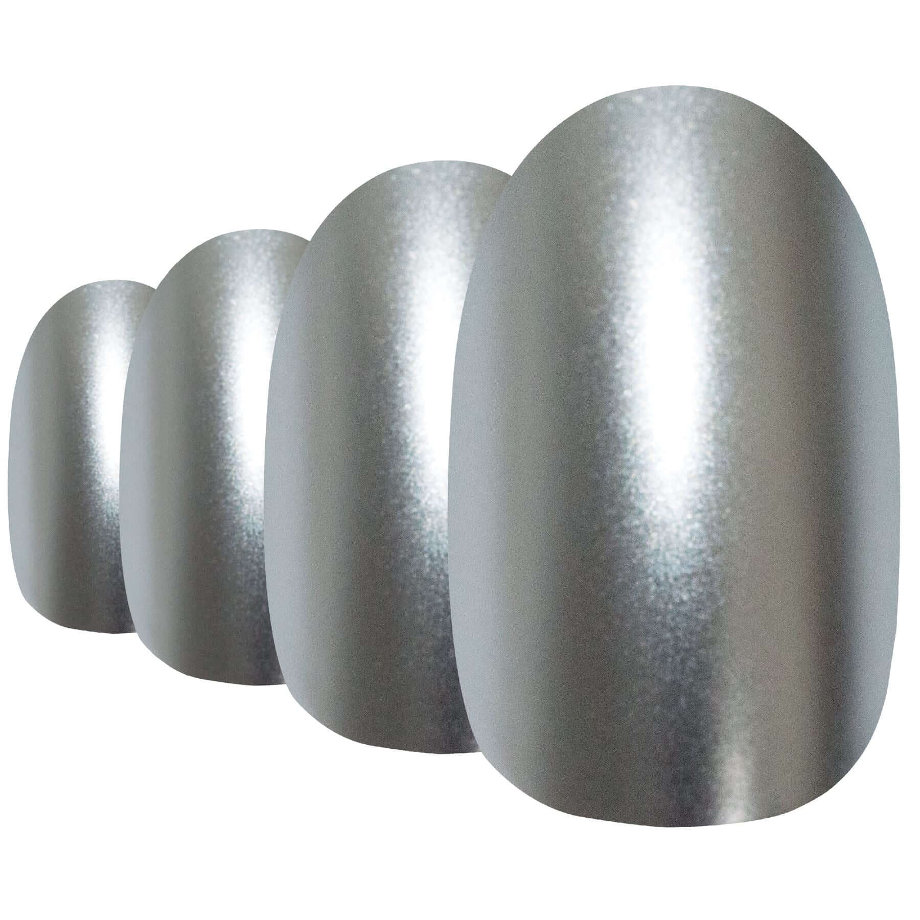 Cool chrome silver matte-metallic oval-shaped press-on false nails by Bling Art — sleek metallic glamour for parties, Christmas, and editorial events · chrome-finish metallic with velvet matte texture · medium-length oval tips · 24 nails per set with adhesive · designed in Yorkshire