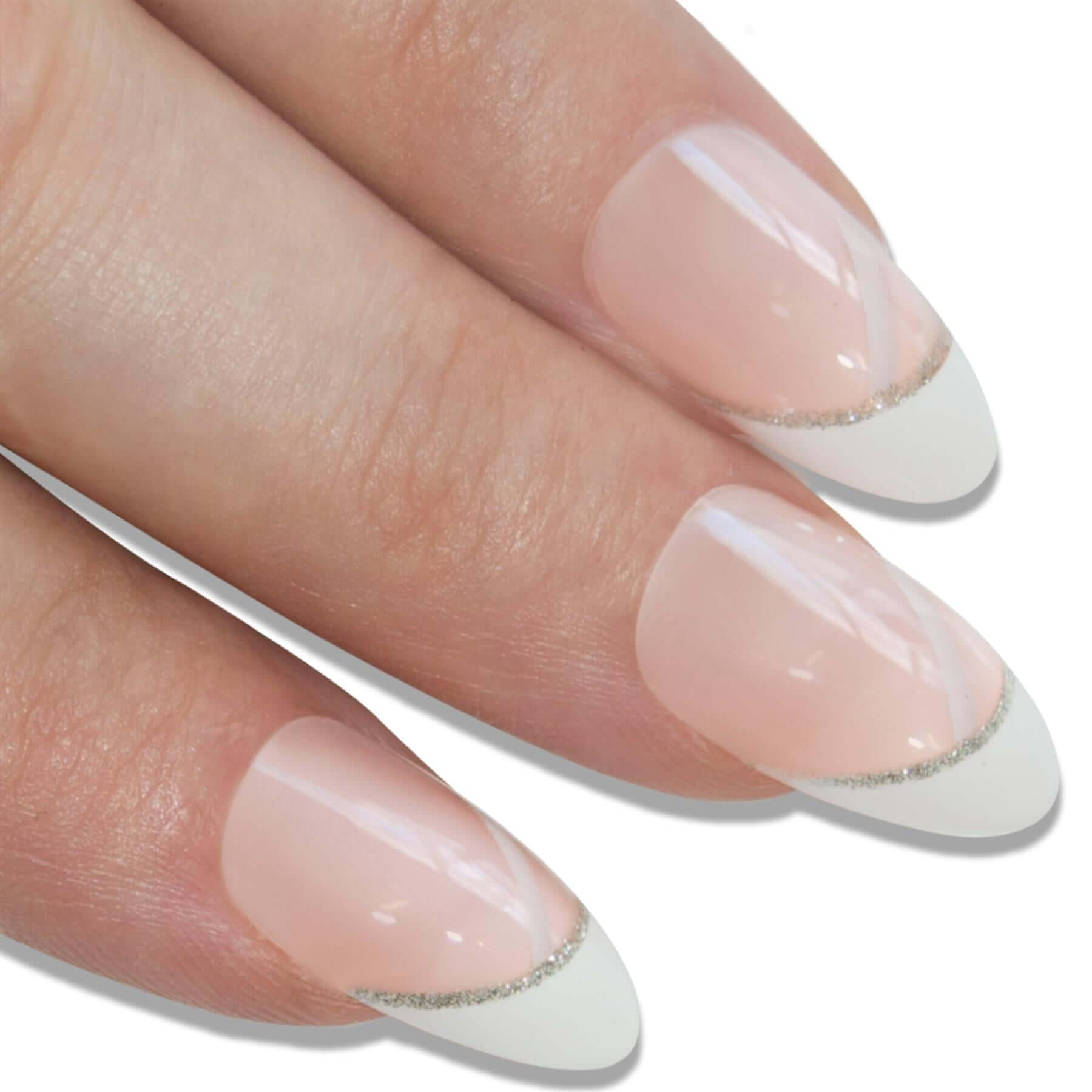 Crisp pearl white glitter almond stiletto long press-on false nails by Bling Art — bridal sparkle for weddings, summer events, and romantic occasions · embedded fine white glitter · long almond stiletto tips · 24 nails per set with adhesive · designed in Yorkshire