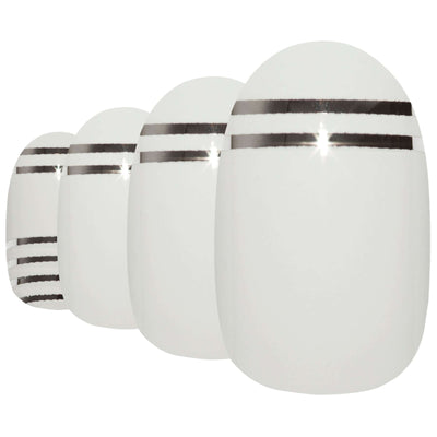 Two-tone pearl white and chrome silver glossy oval-shaped press-on false nails by Bling Art — bridal sparkle for weddings, romantic occasions, and summer events · high-shine glossy finish · medium-length oval tips · 24 nails per set with adhesive · designed in Yorkshire