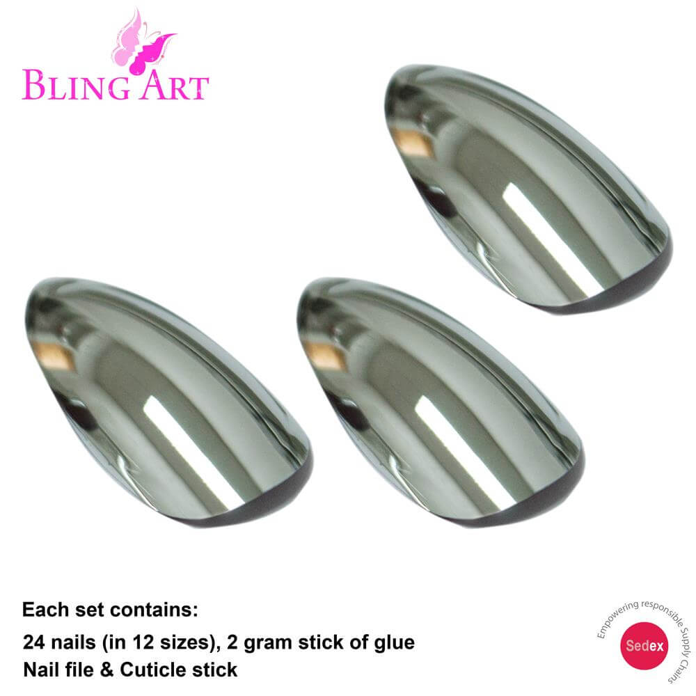 False Nails by Bling Art Silver Chrome Almond Stiletto Acrylic Long Fake Tips