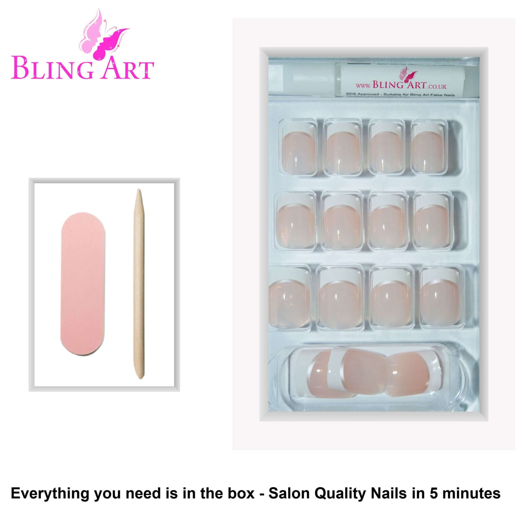 False Nails by Bling Art White Silver French Manicure Fake Medium Tips with Glue