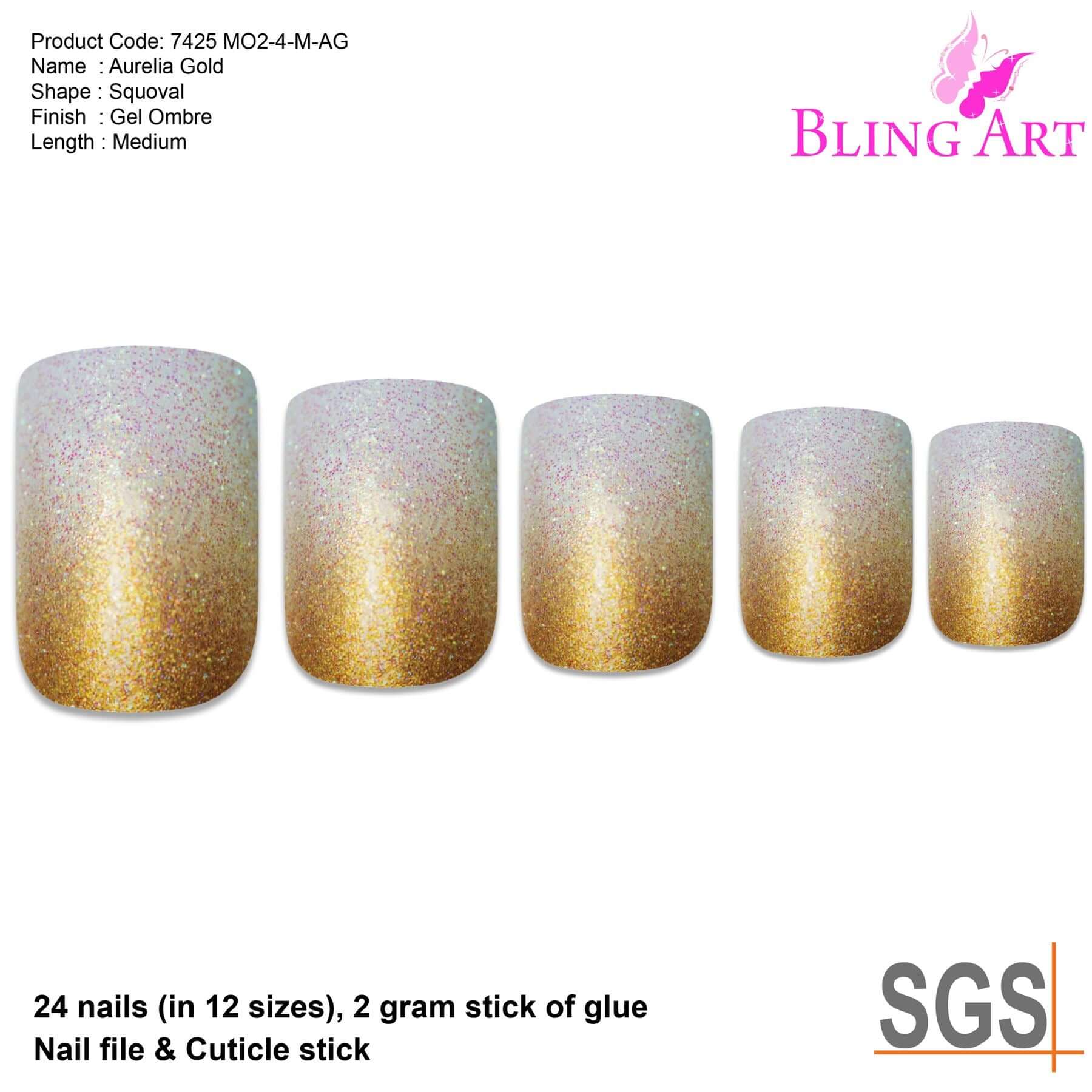 False Nails by Bling Art Gold Gel Ombre French Squoval Fake Medium Acrylic Tips