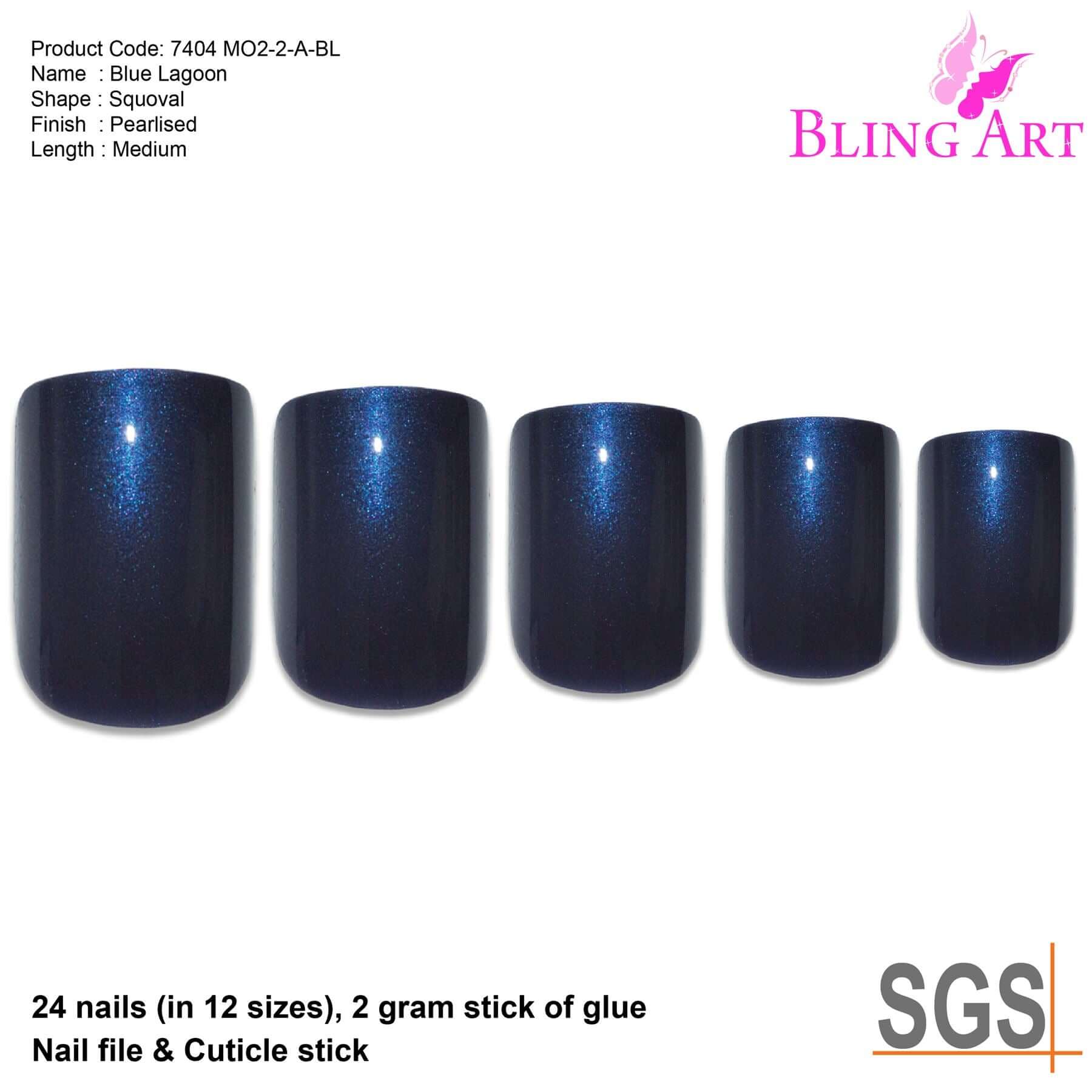 False Nails by Bling Art Blue Glitter French Squoval 24 Fake Medium Acrylic Tips