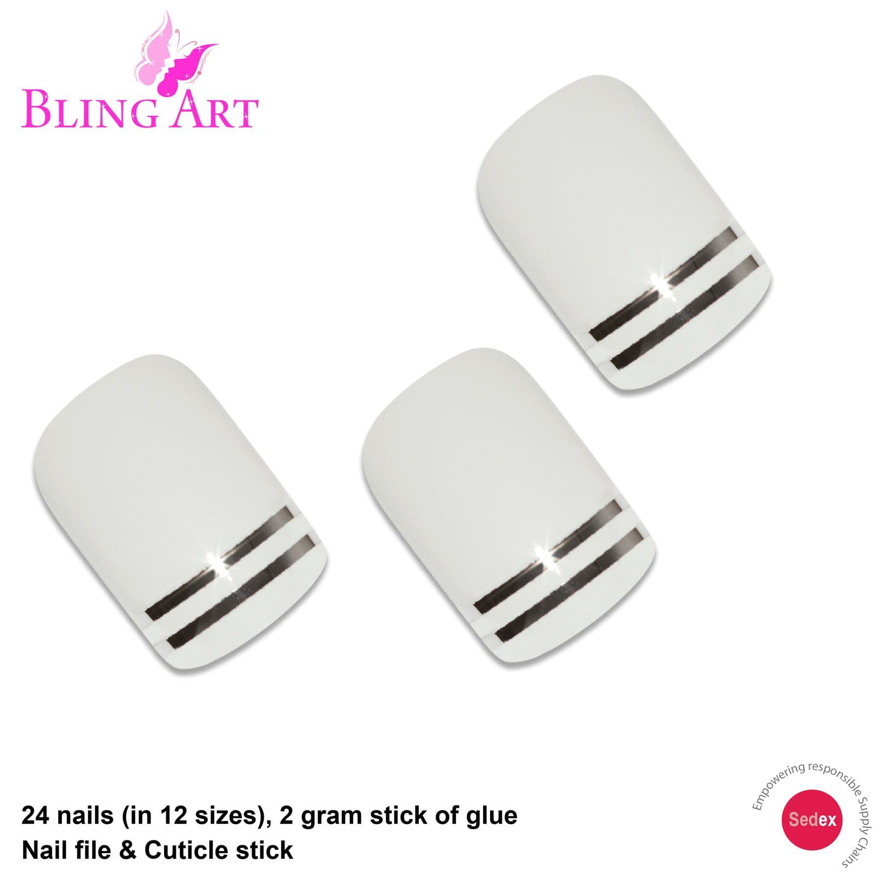 False Nails by Bling Art White Silver French Squoval 24 Fake Medium Acrylic Tips