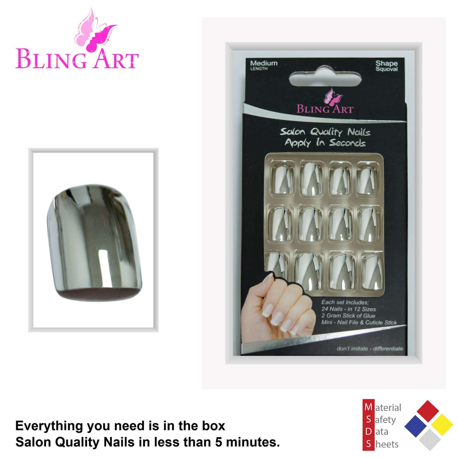 False Nails by Bling Art Silver Chrome French Squoval Fake Medium Acrylic Tips
